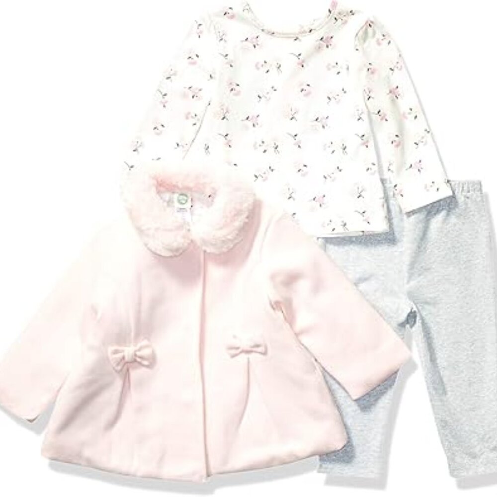 NWOT Little Me 3 piece set pink fleece jacket with faux fur collar shirt legging